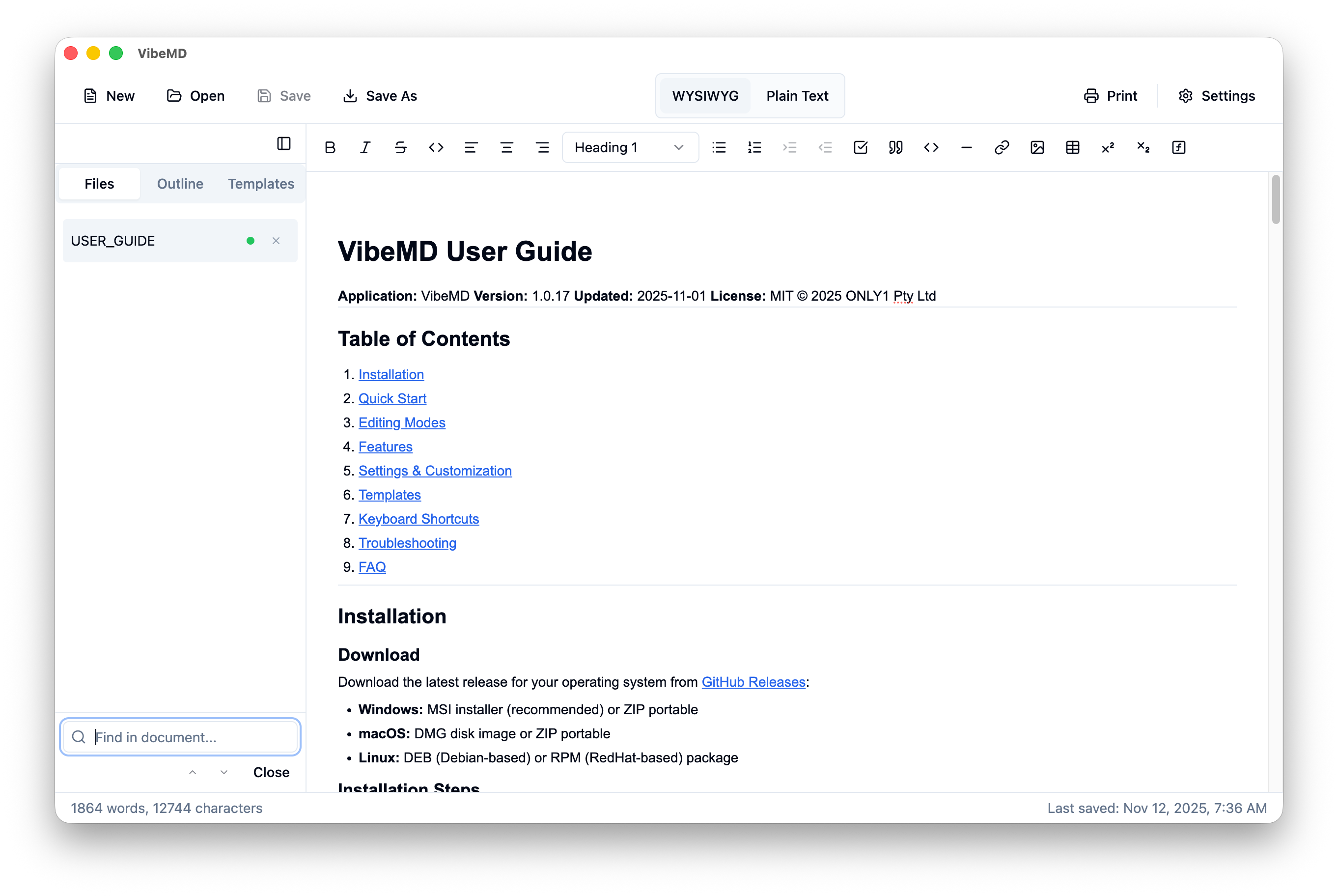 VibeMD Editor Screenshot showing WYSIWYG editing, sidebar file organization, and outline view.